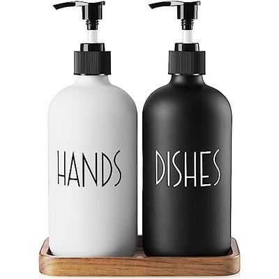 Dish Soap Dispenser and Hand Soap Dispenser with Bamboo Pump and Tray 16 Oz  Matte White Soap Dispenser Set for Kitchen Sink 