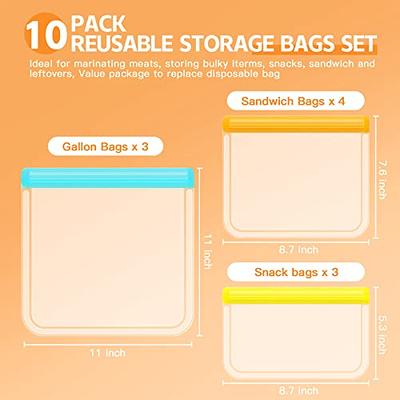 10 Pack Reusable Ziplock Bags Silicone, Leakproof Reusable Freezer Bags,  BPA Free Reusable Storage Bags for Lunch Marinate Food Travel (White) - 3  Gallon 4 Sandwich 3 Snack Bags 