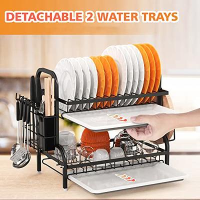 Large Dish Drying Rack, 2-Tier Dish Racks for Kitchen Counter, Detachable  Large Capacity Dish Drainer Organizer with Utensil Holder, Dish Drying Rack  with Drain Board, Black 