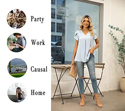 Anyally Womens Summer Dressy Chiffon Blouses V Neck Petal Short Sleeve Tunic  Tops for Leggings Casual T-Shirts, L Khaki - Yahoo Shopping