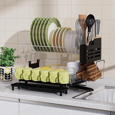 Dish Drying Rack, 304 Stainless Steel Double layer Dish Rack with Trays,  Utensil Holder, Cutting Board Holder, Rustproof Dish Drainer for Kitchen