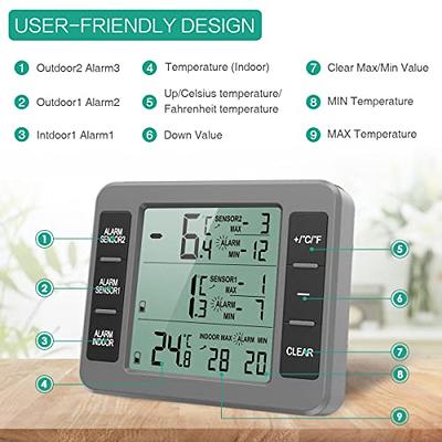 Refrigerator Thermometer, Wireless Digital Freezer Thermometer with 2  Sensors, Audible Alarm, Min and Max Record, Large LCD Display for Home