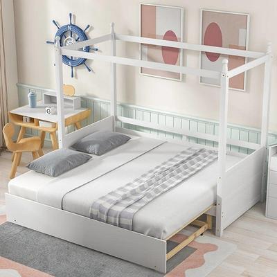 Extendable Twin Daybed with Swing and Handles, Wooden Platform Bed Frame  with Pull Out Bed for Toddlers Kids, Twin Size Daybed with Wood Slat  Support for Kids Bedroom, White 