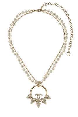 Chanel Faux Pearl & Crystal Pendant & Layered Gold Tone Chain Necklace