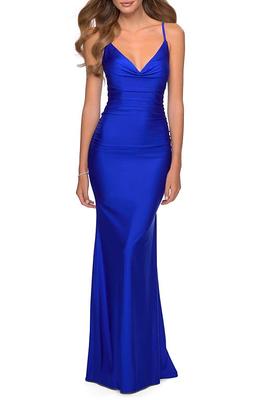 La Femme Cross Back Satin Jersey Trumpet Gown