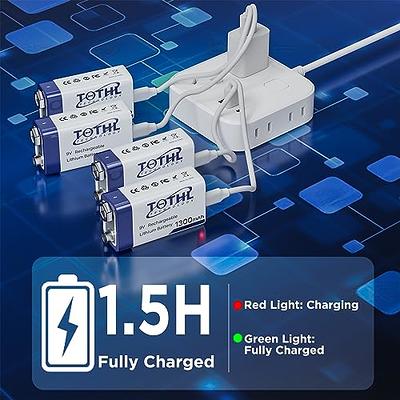 9V Rechargeable Batteries, 1300mAh High Capacity Lithium-ion Long Lasting 9  Volt Batteries with 2 in 1 USB C Fast Charging Cable for Smoke