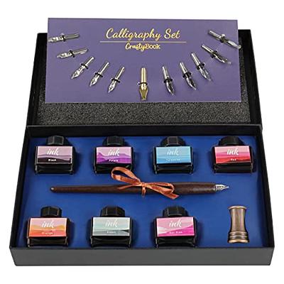ESSSHOP Calligraphy Glass Dip Pens and Ink Set, 17 Pcs Glittering Rainbow Crystal Pen, Retro Carving Glass Pen, 2 Replacement Nibs, 12 Inks for