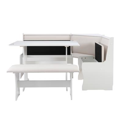 Linon Stella Corner Dining Breakfast Nook with Storage, Table and Bench,  Seats 5, White Finish with Beige Fabric 