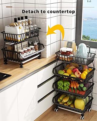 RUJIN Fruit Vegetable Basket, 4 Tier Stackable Storage Baskets with Lockable Wheels Metal Wire Kitchen Organizers and Storage Organizer Cart for