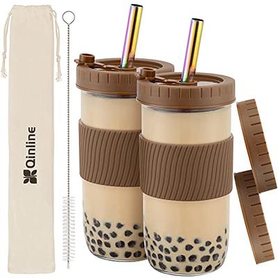  20 OZ Glass Cups with Bamboo Lids and Straws - Beer Can Shaped  Drinking Glasses with Silicone Protective Sleeve Set for Iced Coffee,  Water, Smoothie, Boba Tea, Gift, 2 Colors 