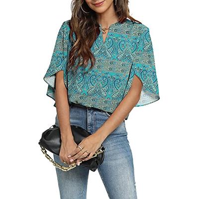 Funlingo Womens Summer 2023 Dressy Chiffon Blouses V Neck 3/4 Ruffle Sleeve  Tunic Tops for Leggings Work Casual Shirts Floral Blue Khaki L - Yahoo  Shopping