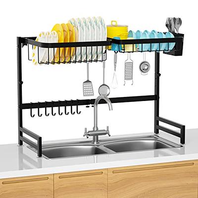 ADBIU Over The Sink Dish Drying Rack (Expandable Height and Length) Snap-On  Design 2 Tier Large Dish Rack Stainless Steel (24 - 35.5(L) x 12(W) x