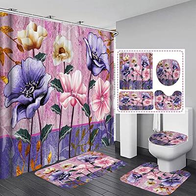 4 PCS Floral Lavender Shower Curtain Sets with Non-Slip Rugs