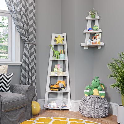 RiverRidge Home Amery 2-Tier Ladder Wall Shelf with Hooks - White