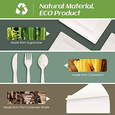 Heavy Duty Paper Plates Set for Dinner, Sugarcane Disposable Eco,9 Inch and  7 Inch Party Plates,Forks,Knives and Spoons Set for 50 People [250 PCS] 