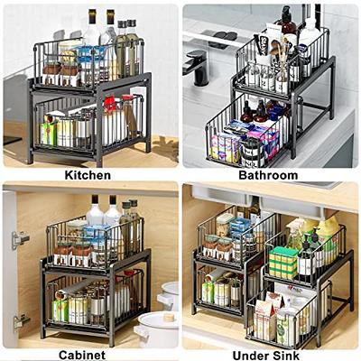 2 PCS Under Sink Organizers and Storage - 2 Tier Clear Bathroom Organizer  Countertop, Multifunction Pull out Cabinet Organizer with 4 Movable