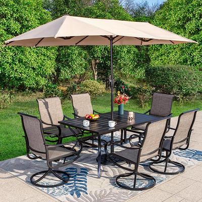 Black 7-Piece Metal Rectangle Patio Outdoor Dining Set with Slat Table and  Textilene Swivel Chairs