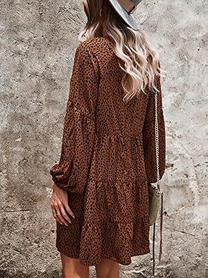 TEMOFON Womens Long Sleeve Dress: Leopard Printed Tunic Casual Loose V Neck  Fall Flowy Mini Dresses Brown S - Yahoo Shopping