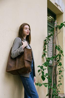 Large Leather Bag,Brown Leather Tote Bag,Teacher Bag With Two Pocket 