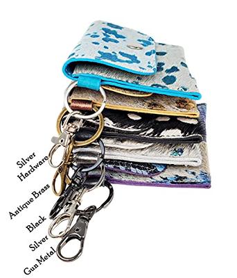  Key Chain ID Card Wallet, Fun Premium Acid Wash Hair On  Cowhide, Business Card Holder, Keep Cards Secure, Clip Inside Large Purse  to Grab & Go (Black/White - Gold Acid Wash) 