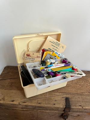 Vintage Sewing Notions Storage Box With Supplies Tools Mix Lot Of