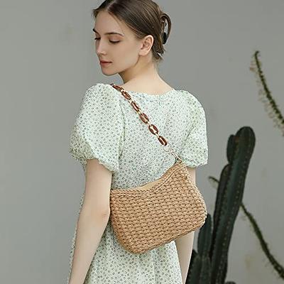 Straw Crossbody Bag, Ladies Shoulder Bag Summer Beach Vintage Handmade  Shopping Bag Woven Handbag Women Straw Knitted Messenger Bag(brown)