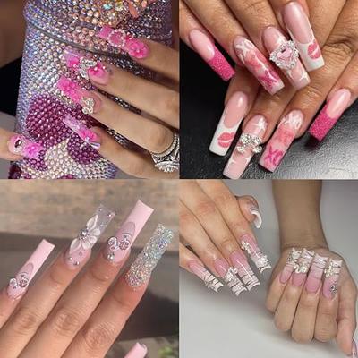 Pink Nails Rhinestones Crystal Decoration Shiny Bowknot Heart