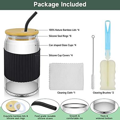 Drinking Glasses with Bamboo Lids and Glass Straw 4pcs Set - 16oz Can  Shaped Cups, Beer Glasses, Iced Coffee Cute Tumbler Cup, Ideal for  Cocktail