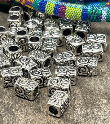24 Antique Silver Spacer Beads, Rectangle Patterned Jewelry Craft