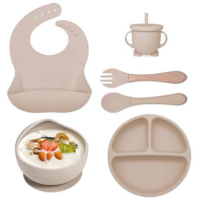 Retrok 8pcs Silicone Baby Feeding Set Soft Baby Weaning Supplies Cute Self Feeding Eating Utensils Set with Divided Suction Plate Bib Bowl Fork Spoon