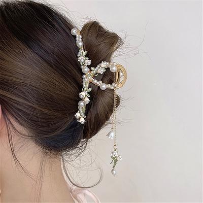 1 Pack, Flower Hair Claw, Pearl Clip, Metal Claw With Tassels