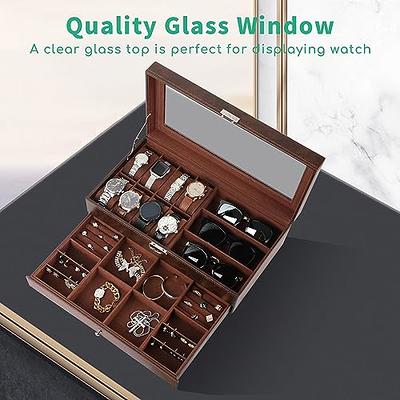 Watch Box Organizer for Men, Wood Watch Display Case with Valet Drawer,  2-Layer Luxury Jewelry Organizer with Real Glass Top, Storage Gift Box for