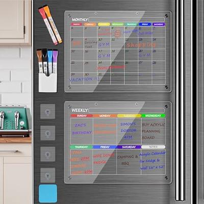 OORAII Magnetic Acrylic Calendar for Fridge Refrigerator Monthly Dry Erase Board w/ 8 Markers & Magnetic Pen Holder, Organic Glass Clear Planning