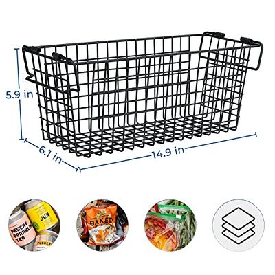 2pcs Metal Iron Wire Basket Wood Handle Shelf Storage Box Pantry