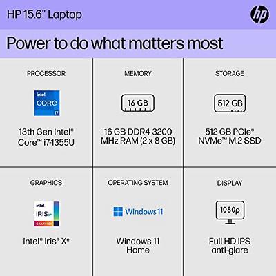 HP PC portátil de 15,6 pulgadas, Procesador: Intel® Core™ i7 de 13ª  generación, Gráficos: Intel® Iris® Xe Graphicsc, 16 GB DDR4-3200 MHz RAM,  SSD de