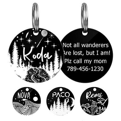 MYXGY Pet ID Tags, Customized Dog Name Tags, Personalized Cat Tags, Round  Black Custom Stainless Steel Dog Tags, Engraved on Both Sides for Pets,  White Laser Engraving Dog Collar Tag (Round) 