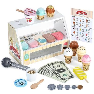 WHOHOLL Wooden Ice Cream Counter Playset for Toddler Girl Toys