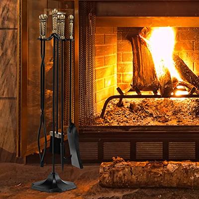 Amagabeli Firewood Rack Indoor 5 Pieces Fireplace Tools Set Fire Wood  Holder with Tongs Poker Brush and Shovel Outdoor Log Rack Solid Wrought  Iron Fireplace Set Kit Wood Stove Accessories Bronze 