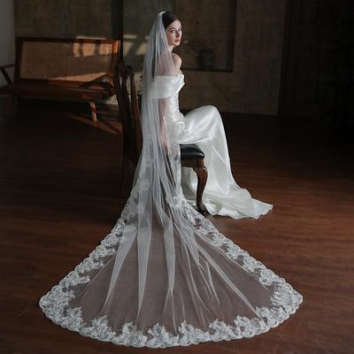 U-Hotmi Long Wedding Veil Lace Sequins Edge Cathedral Wedding Bridal Veil with Metal Comb, Ivory