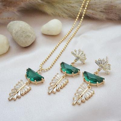 Art Deco Necklace Green Crystal Emerald Earring Set Leaf Boho Bridal  Wedding Guest Jewelry - Yahoo Shopping