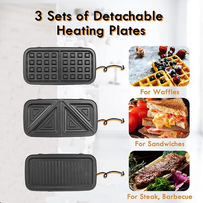 3-in-1 Sandwich Maker with Removable Plates, Decen Waffle Maker and Panini Press Grill, 1200W, Black