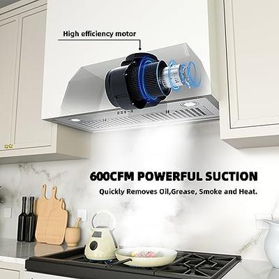  FIREGAS Black Range Hood 30 inch, Ducted/Ductless Range Hood  Wall Mount Kitchen Vent Hood with 3 Speed Exhaust Fan, Push Button, LED  Light, Stainless Steel Stove Hoods, Charcoal Filter Included 