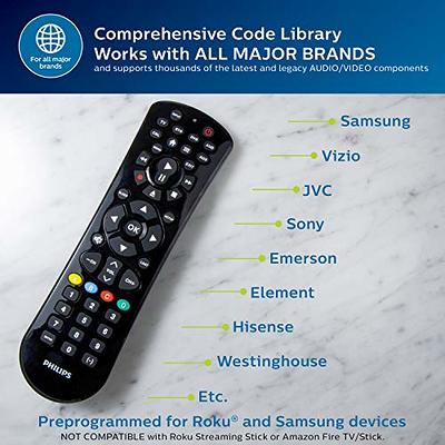 Philips Universal Companion Remote Control for Samsung, Vizio, LG, Sony,  Roku, Apple TV, RCA, Panasonic, Smart TVs, Streaming Players, Blu-ray, DVD,  4