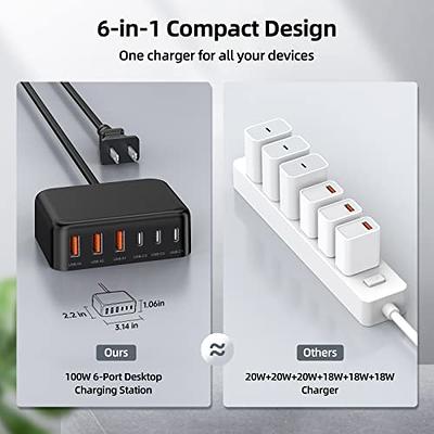 USB C Fast Charger 100W GaN Compact USB C Charging Station 6 Port USB Type  C Charging Block Hub Power Strip, 4 PD USB C 2 QC USB A Wall Charger for
