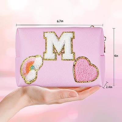 TOPEAST Personalized Preppy Makeup Bag Initial Chenille Letter Patch Makeup  Bag Pouch PU Leather Cosmetic Bag Travel Toiletry Bag Monogram Makeup Bag