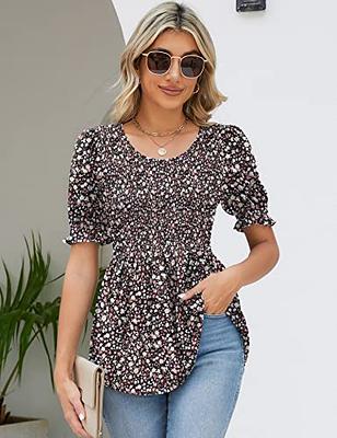 AKEWEI Women Smocked Tops Short Puff Sleeve Peplum Tops Round Neck Dressy  Blouses Women Summer Babydoll Flowy Shirts Black Floral L - Yahoo Shopping