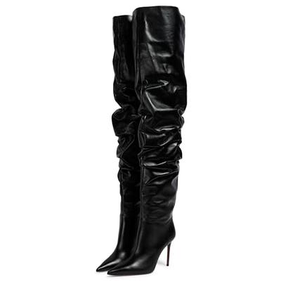  Kluolandi Women's Stiletto High Heel Knee High Boots with  Tassel Pointed Toe Studded Zipper Black Boots for Women Size 4