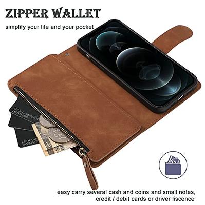 iPhone 14 Pro Max Luxury Leather Zipper Wallet Case with Wrist Strap and 7  Card Slots Brown
