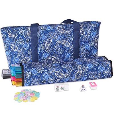 American mAh Jongg Set - 166 Premium White tiles, 4 All-in-One Rack/Pushers, Blue Canvas Bag