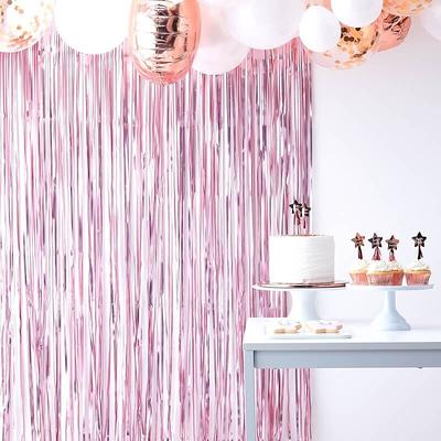 FOTIOMRG 2pcs 3.3ft x 8.3ft Pink Foil Fringe Backdrop Curtains for Parties, Metallic Pink Tinsel Streamers Backdrop for Birthday Bridal Baby Shower